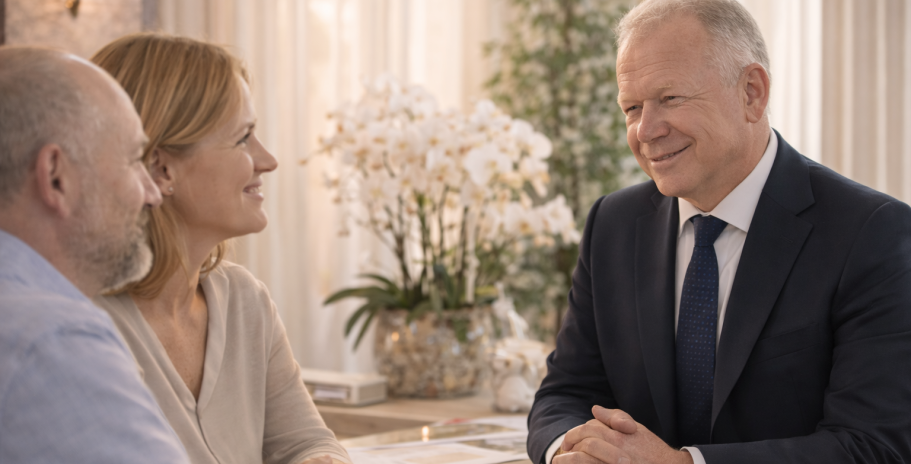 KI Generiert Beratungssituation mit einer Frau und einem Paar in einem hellen, blumigen Raum.