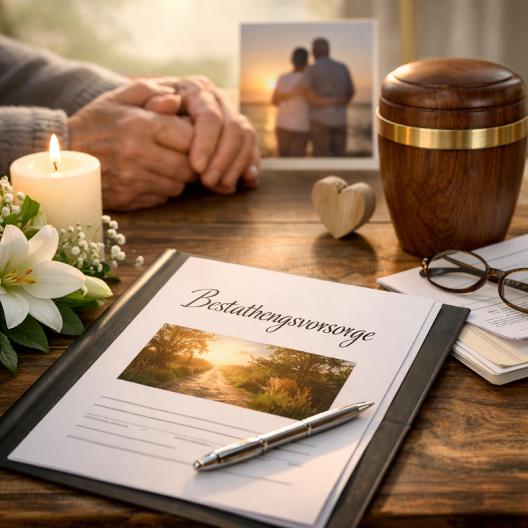Ein Tisch mit einer Urne, einem Dokument, Blüten, einer Kerze und einem Foto von Paar. Herzlicht Bestattungen.