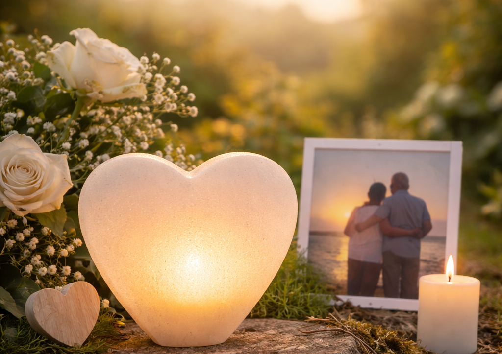 Ein Herzlicht, Rosen und ein Foto eines Paares beim Sonnenuntergang. Herzlicht Bestattungen Wolfenbüttel.