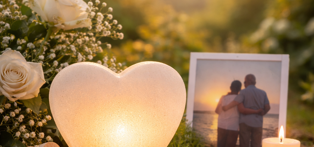 Ein Herzlicht, Rosen und ein Foto eines Paares beim Sonnenuntergang. Herzlicht Bestattungen Wolfenbüttel.