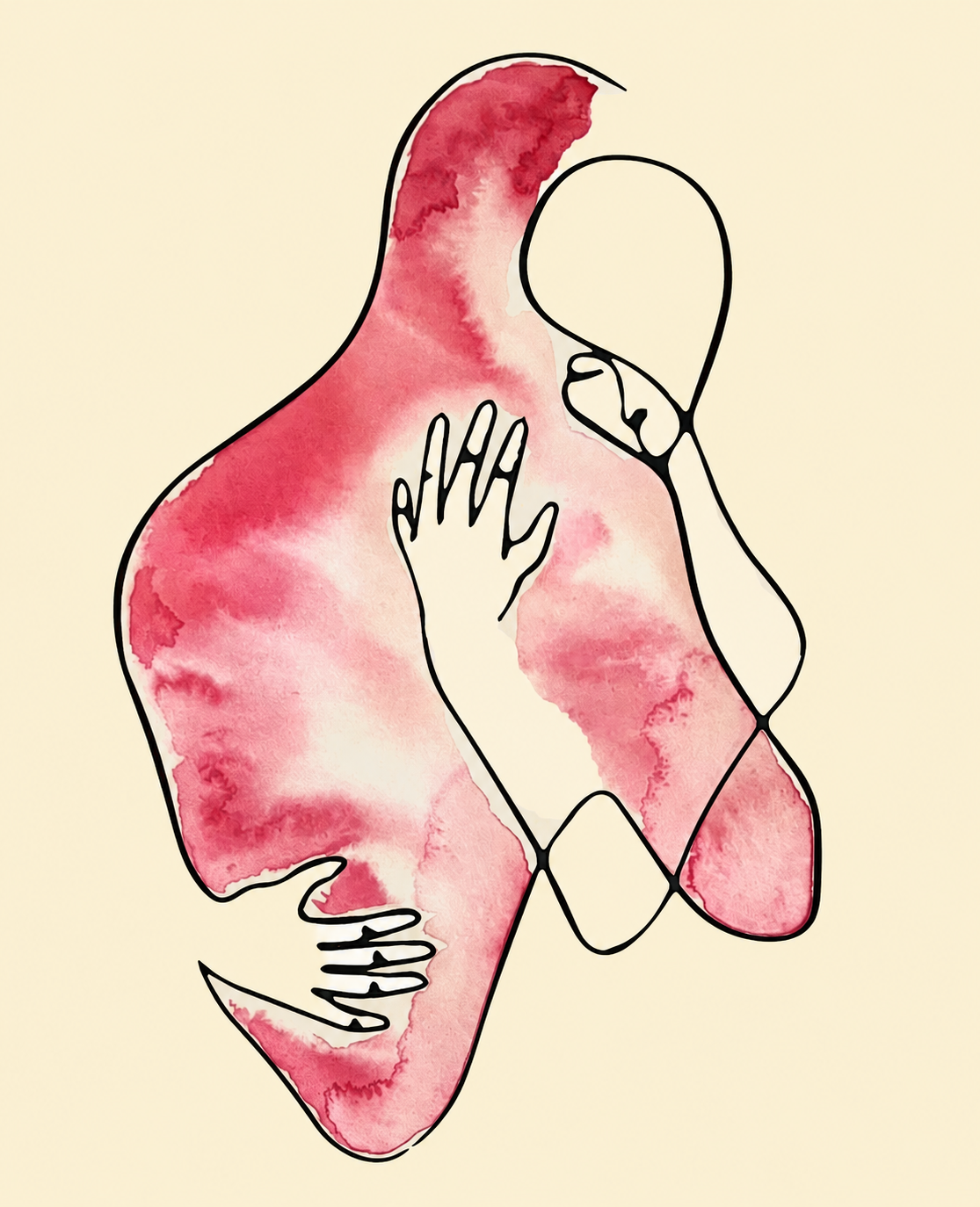Eine zarte Aquarellillustration in Rosatönen zeigt zwei Menschen, die sich tröstend umarmen – ein Symbol für Nähe, Trost und Zusammenhalt in