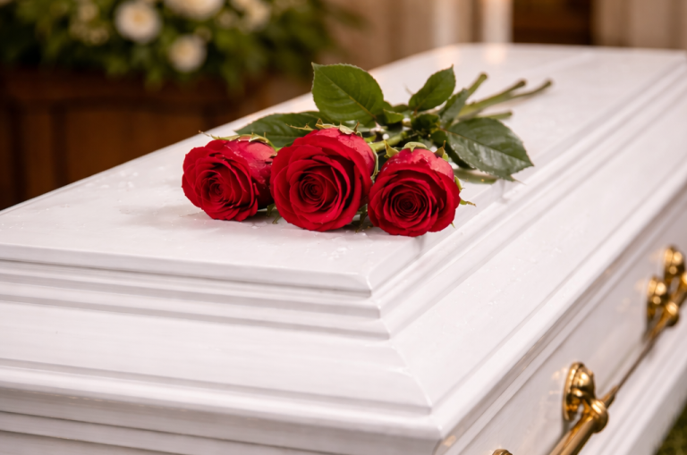 Drei rote Rosen liegen auf einem weißen Sarg.